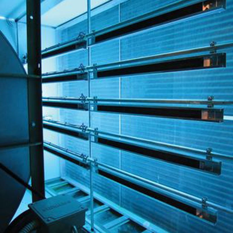 Blue-lit spacious room highlighting the Air Quality Handling System in the DC Metro Area.